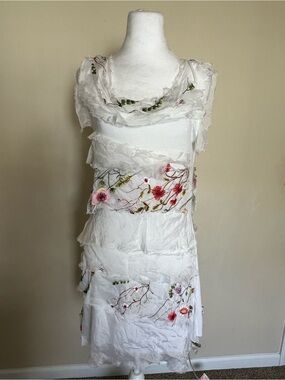 Scandal Italy White Floral Embroidered Silk Chiffon Sleeveless Dress M NWT